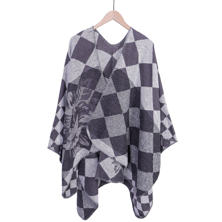 Damen Oversize-Ruana im Jacquard mit Karomuster und floralem Allover Drune