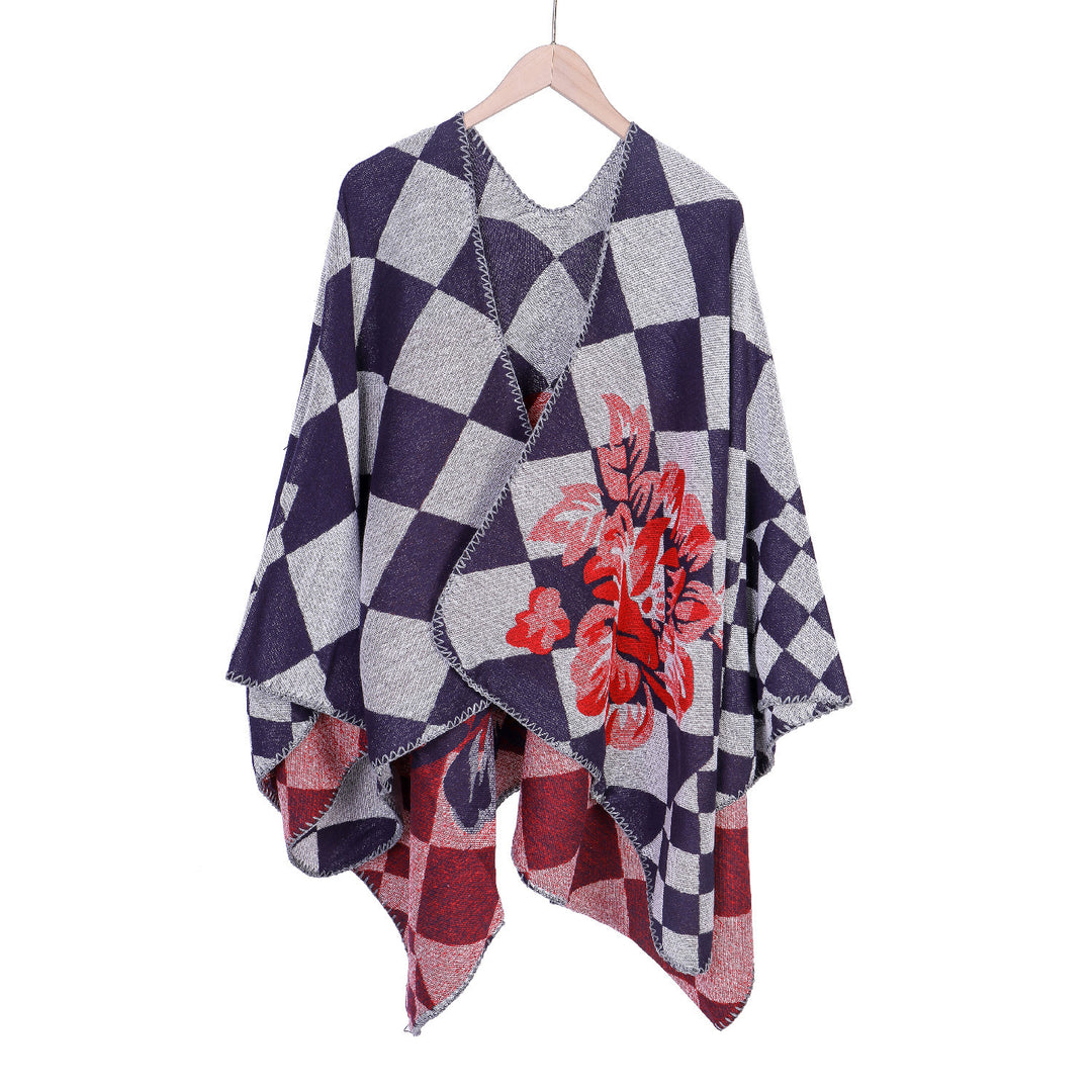 Damen Oversize-Ruana im Jacquard mit Karomuster und floralem Allover Drune