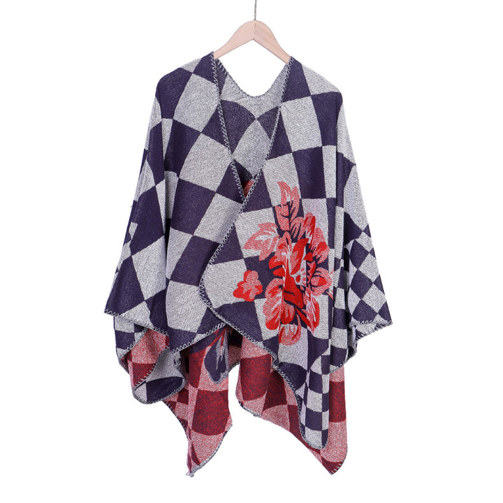 Damen Oversize-Ruana im Jacquard mit Karomuster und floralem Allover Drune