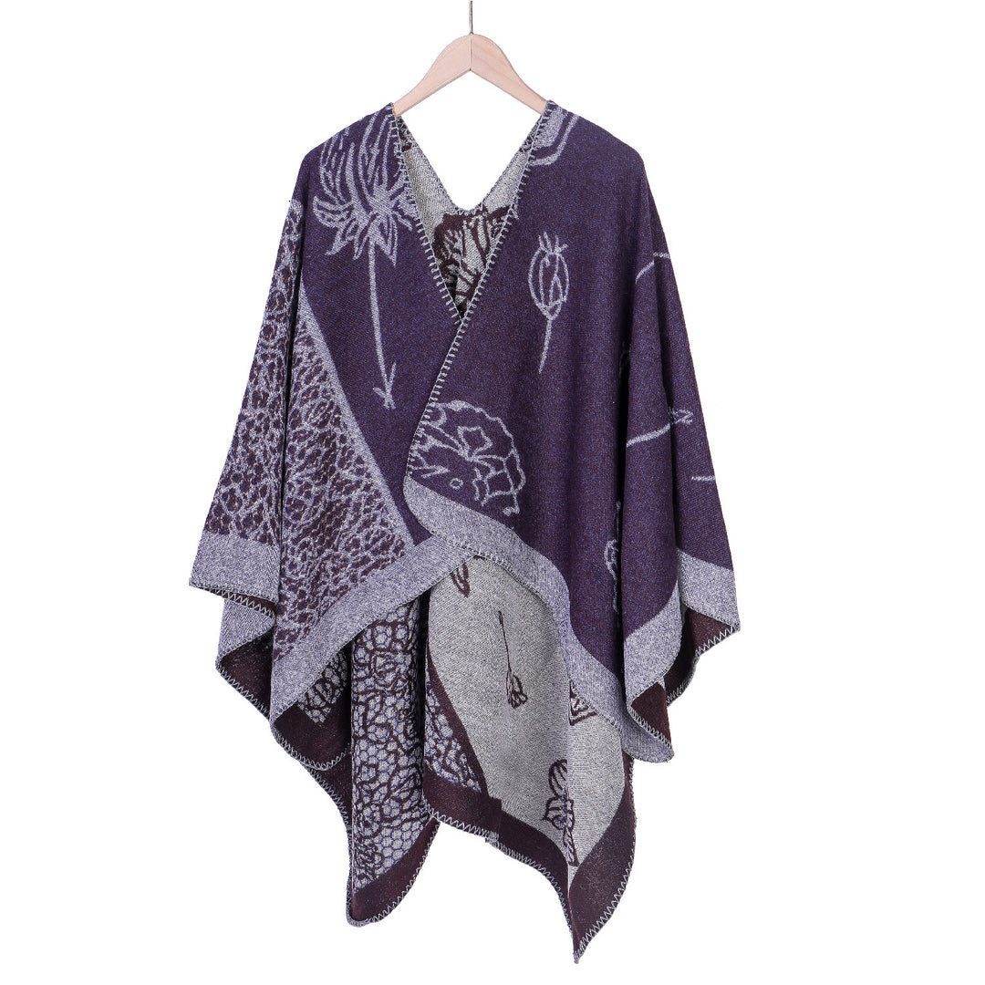 Damen Jacquard-Ruana-Poncho mit V-Ausschnitt und großen floralen & ethnischen Motiven Drune