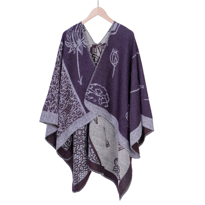 Damen Jacquard-Ruana-Poncho mit V-Ausschnitt und großen floralen & ethnischen Motiven Drune