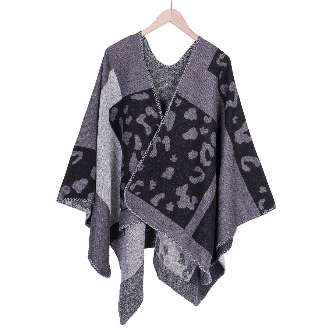 Damen Oversize-Ruana-Poncho aus Wollmix mit Jacquard-Leopardenmuster und offener Vorderseite Drune