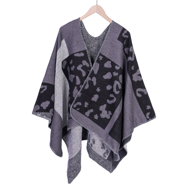 Damen Oversize-Ruana-Poncho aus Wollmix mit Jacquard-Leopardenmuster und offener Vorderseite Drune