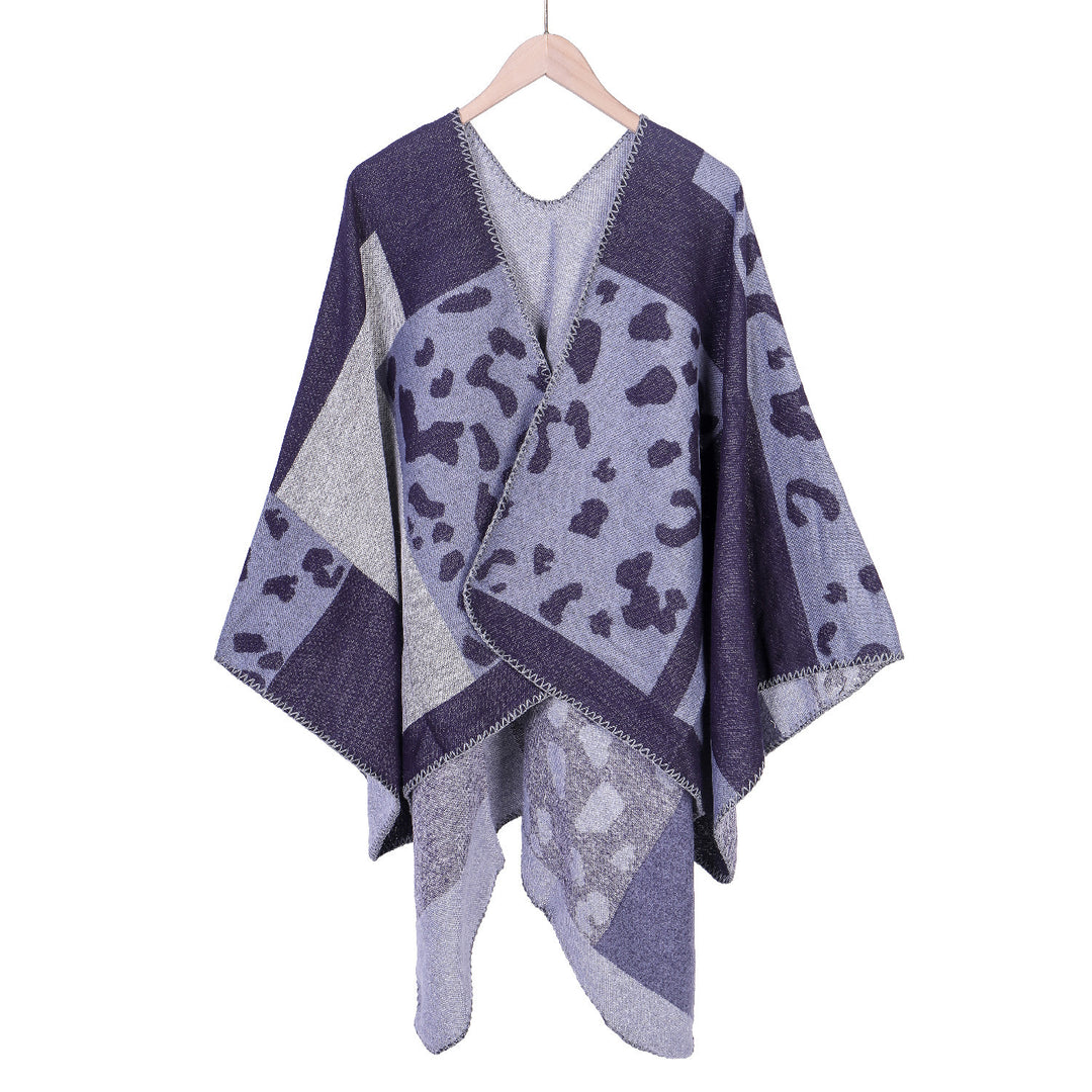 Damen Oversize-Ruana-Poncho aus Wollmix mit Jacquard-Leopardenmuster und offener Vorderseite Drune