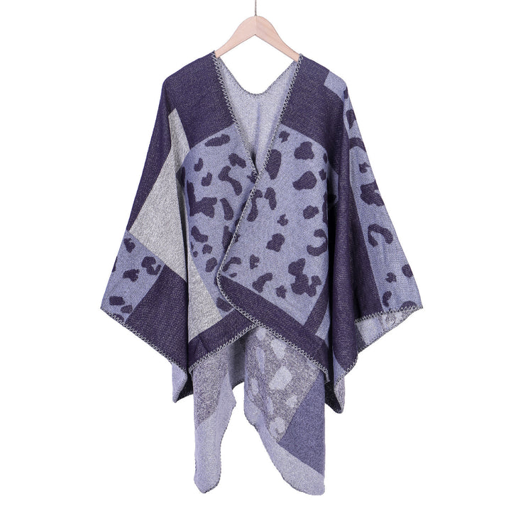 Damen Oversize-Ruana-Poncho aus Wollmix mit Jacquard-Leopardenmuster und offener Vorderseite Drune