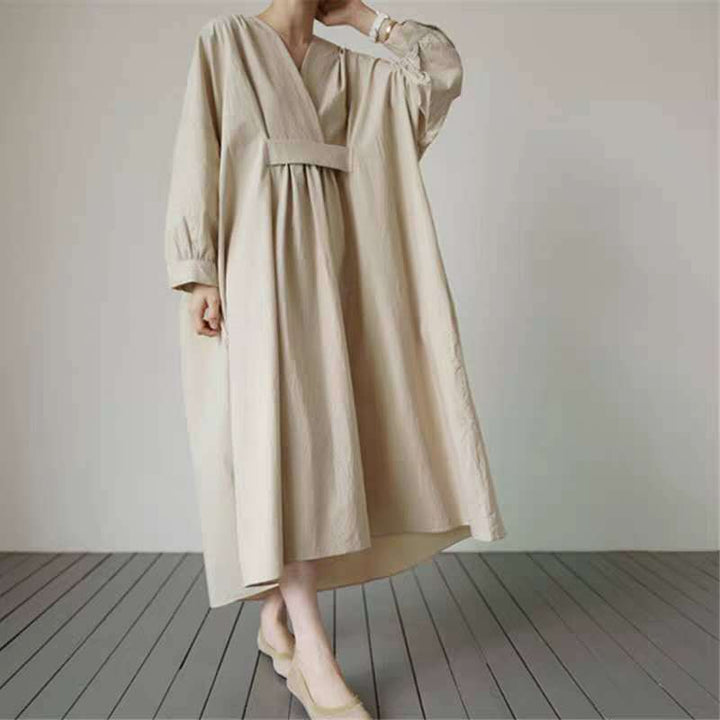 Damen Voluminöses Midaxi‑Kleid mit tiefem V‑Ausschnitt, verstärkter Taillenpasse und Glockenrock Drune