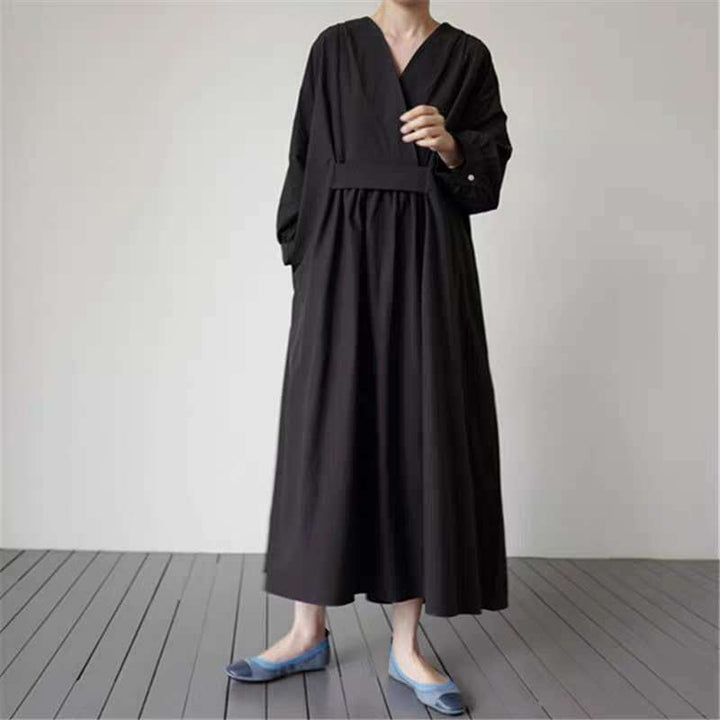Damen Voluminöses Midaxi‑Kleid mit tiefem V‑Ausschnitt, verstärkter Taillenpasse und Glockenrock Drune
