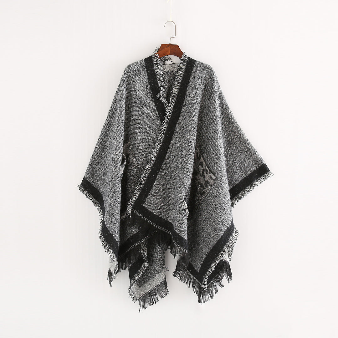 Damen Oversize-Ruana-Poncho im wolligen Mix mit Fransen und Kontrastkante Drune