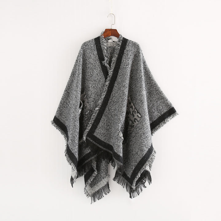 Damen Oversize-Ruana-Poncho im wolligen Mix mit Fransen und Kontrastkante Drune