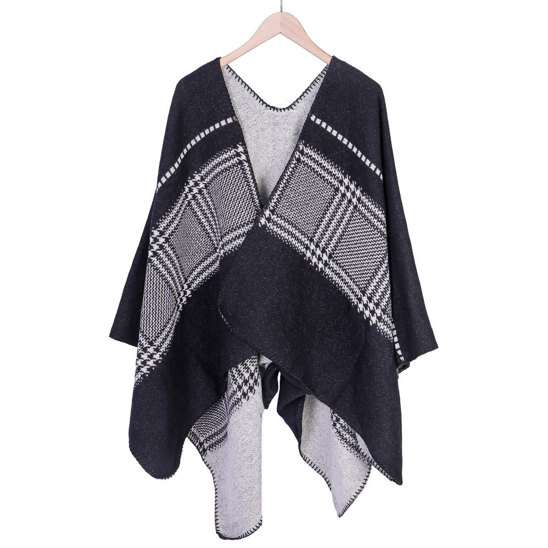 Damen Jacquard-Wollmix-Ruana mit offenem Kimono-Fall und dekorativer Kettelnaht Drune