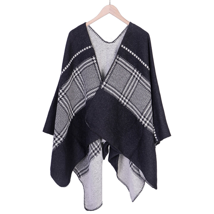 Damen Jacquard-Wollmix-Ruana mit offenem Kimono-Fall und dekorativer Kettelnaht Drune