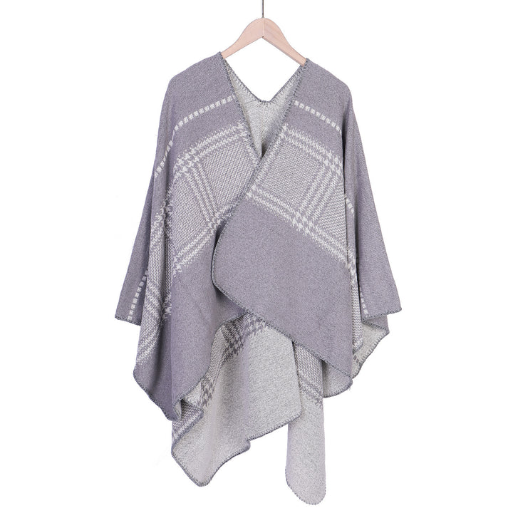 Damen Jacquard-Wollmix-Ruana mit offenem Kimono-Fall und dekorativer Kettelnaht Drune