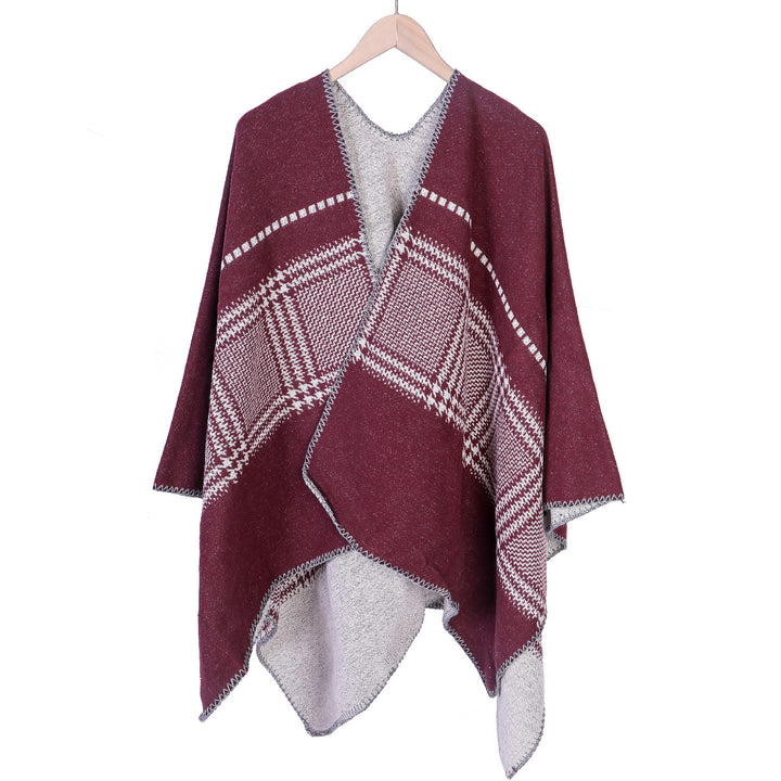 Damen Jacquard-Wollmix-Ruana mit offenem Kimono-Fall und dekorativer Kettelnaht Drune