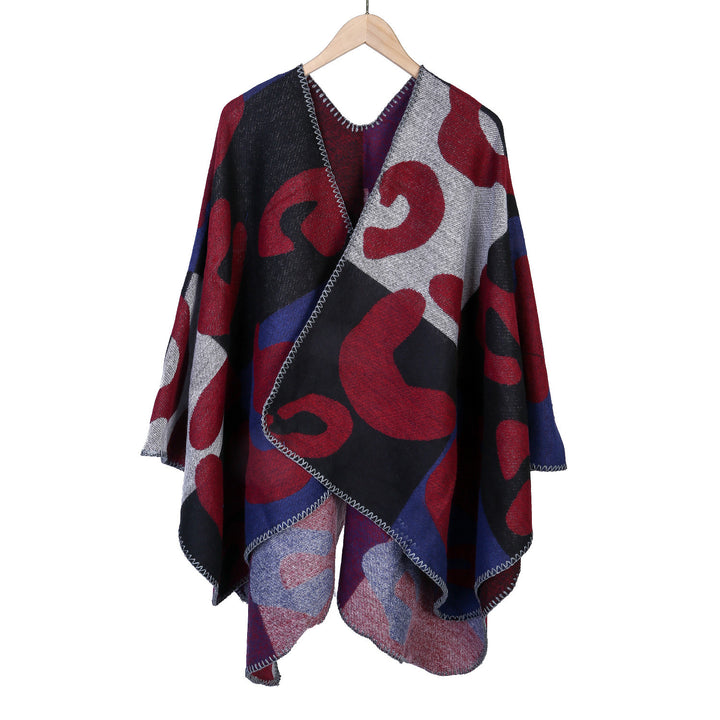 Damen Oversize-Ruana mit abstraktem Grafikjacquard und dekorativer Kettelnaht Drune