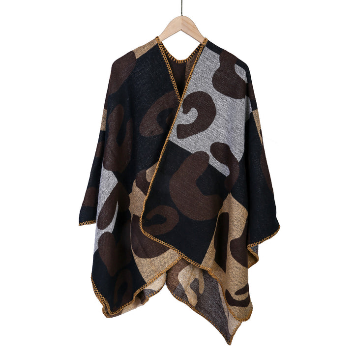 Damen Oversize-Ruana mit abstraktem Grafikjacquard und dekorativer Kettelnaht Drune