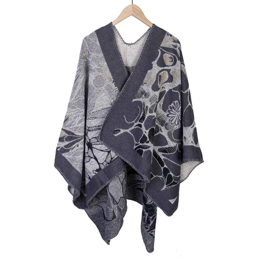 Damen Jacquard-Ruana-Poncho mit kontrastiertem Schalkragen und asymmetrischem Zipfelrand Drune