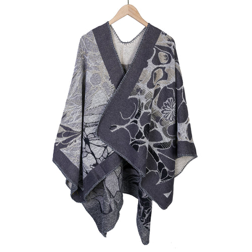 Damen Jacquard-Ruana-Poncho mit kontrastiertem Schalkragen und asymmetrischem Zipfelrand Drune