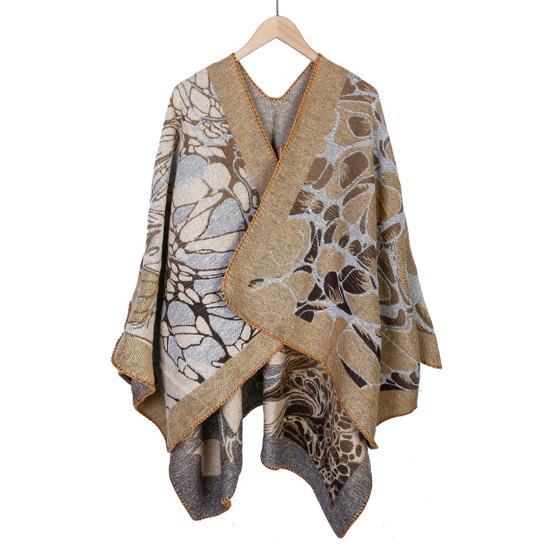 Damen Jacquard-Ruana-Poncho mit kontrastiertem Schalkragen und asymmetrischem Zipfelrand Drune