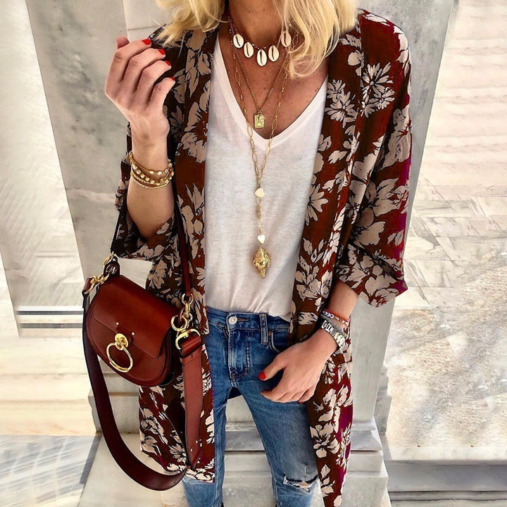 Damen Längerer Leichter Kimono Cardigan mit Floralprint und 3/4-Ärmeln Drune