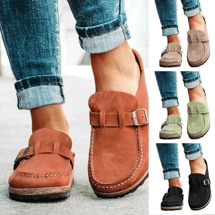 Damen Mokassin-Loafer aus Veloursleder mit Kork-Laufsohle und Zierschnalle Drune