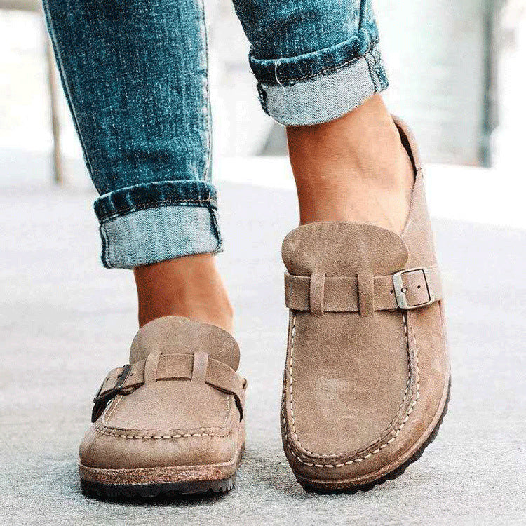 Damen Mokassin-Loafer aus Veloursleder mit Kork-Laufsohle und Zierschnalle Drune