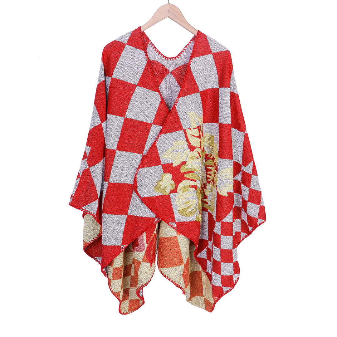 Damen Oversize-Ruana im Jacquard mit Karomuster und floralem Allover Drune