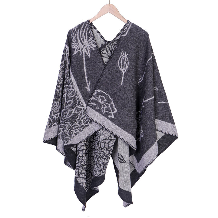 Damen Jacquard-Ruana-Poncho mit V-Ausschnitt und großen floralen & ethnischen Motiven Drune