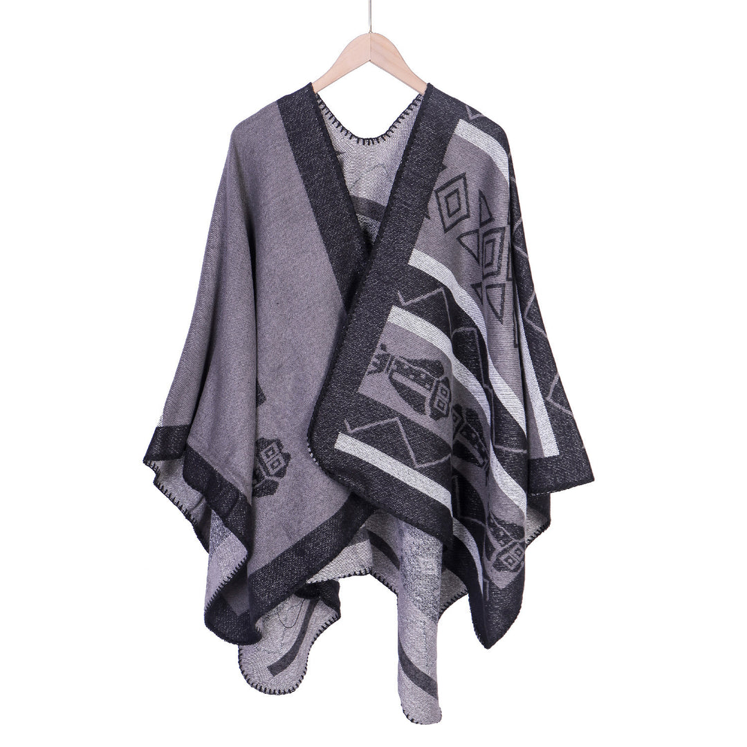 Damen Leichter Ruana-Überwurf mit geometrischem Jacquard und Zipfelsaum Drune