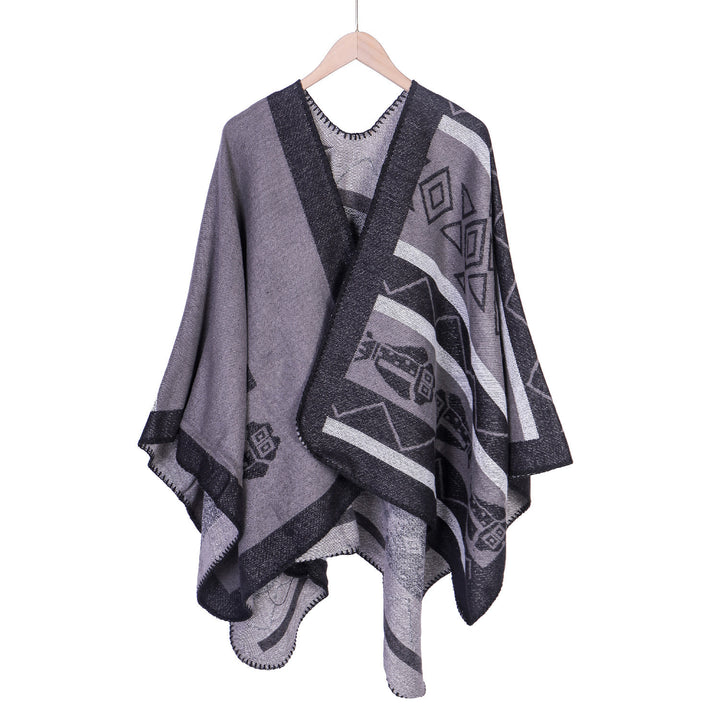 Damen Leichter Ruana-Überwurf mit geometrischem Jacquard und Zipfelsaum Drune