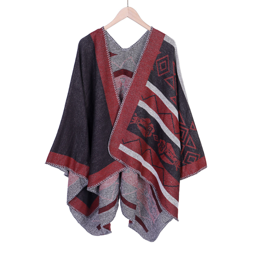 Damen Leichter Ruana-Überwurf mit geometrischem Jacquard und Zipfelsaum Drune