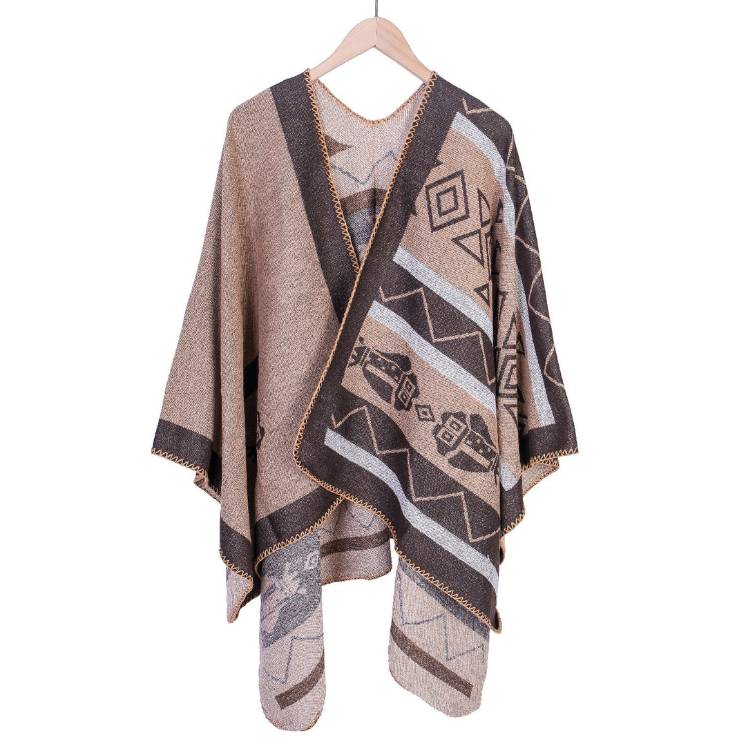 Damen Leichter Ruana-Überwurf mit geometrischem Jacquard und Zipfelsaum Drune