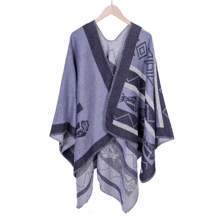 Damen Leichter Ruana-Überwurf mit geometrischem Jacquard und Zipfelsaum Drune