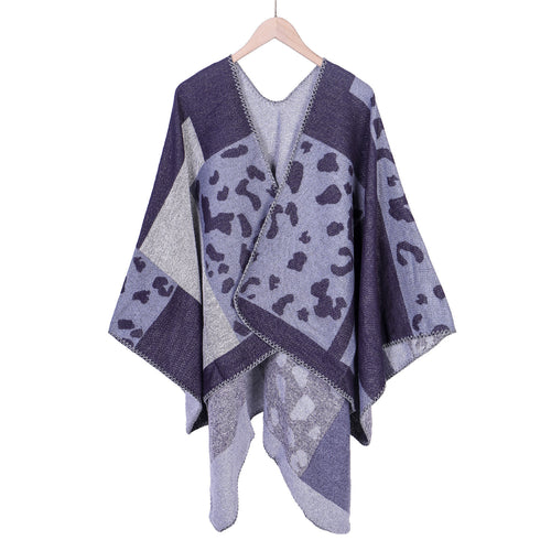 Damen Oversize-Ruana-Poncho aus Wollmix mit Jacquard-Leopardenmuster und offener Vorderseite Drune