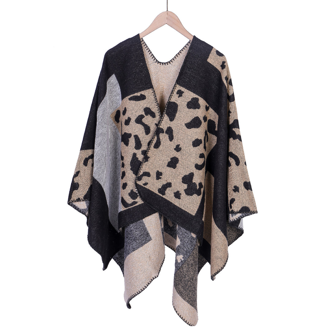 Damen Oversize-Ruana-Poncho aus Wollmix mit Jacquard-Leopardenmuster und offener Vorderseite Drune