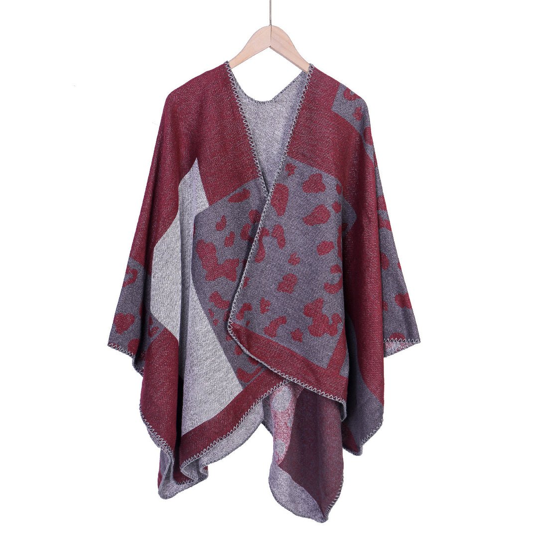Damen Oversize-Ruana-Poncho aus Wollmix mit Jacquard-Leopardenmuster und offener Vorderseite Drune