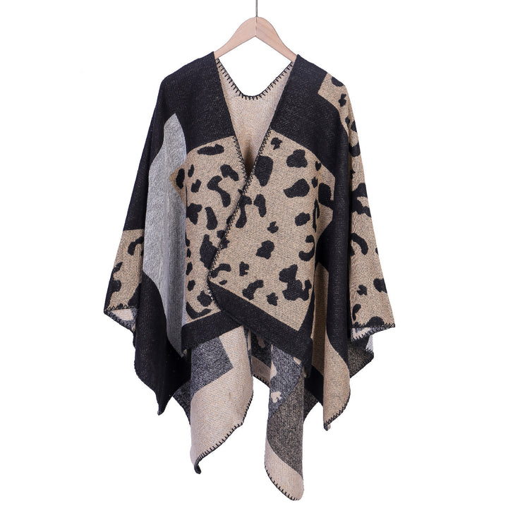 Damen Oversize-Ruana-Poncho aus Wollmix mit Jacquard-Leopardenmuster und offener Vorderseite Drune