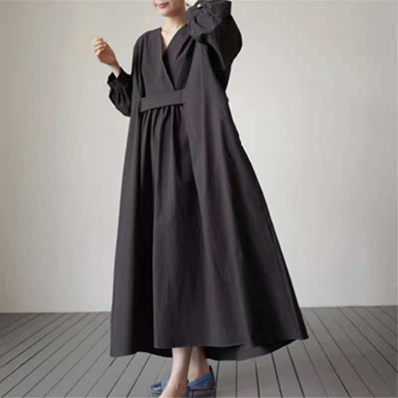 Damen Voluminöses Midaxi‑Kleid mit tiefem V‑Ausschnitt, verstärkter Taillenpasse und Glockenrock Drune