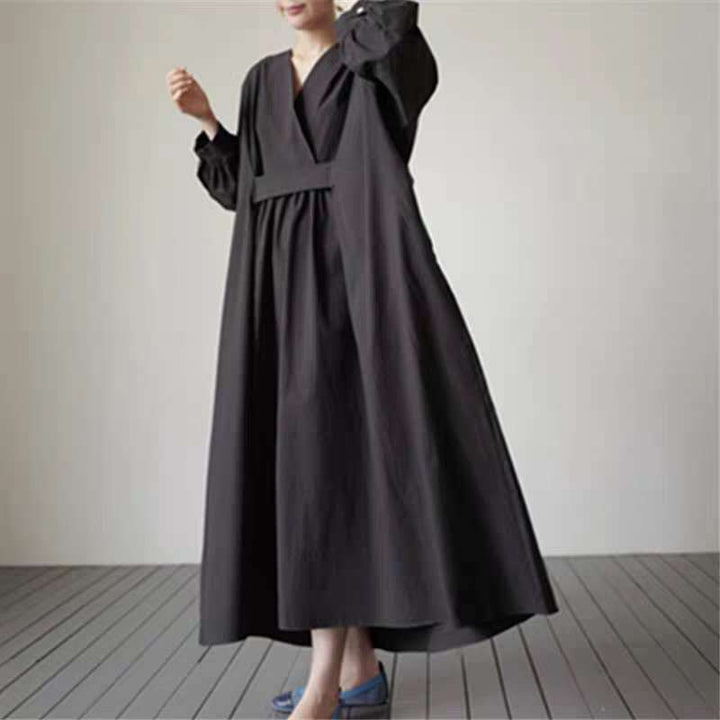 Damen Voluminöses Midaxi‑Kleid mit tiefem V‑Ausschnitt, verstärkter Taillenpasse und Glockenrock Drune