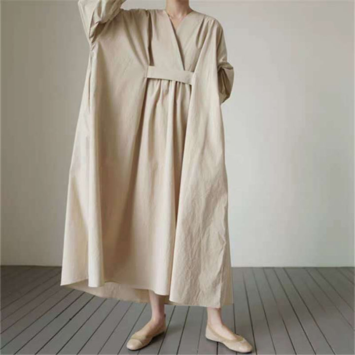 Damen Voluminöses Midaxi‑Kleid mit tiefem V‑Ausschnitt, verstärkter Taillenpasse und Glockenrock Drune