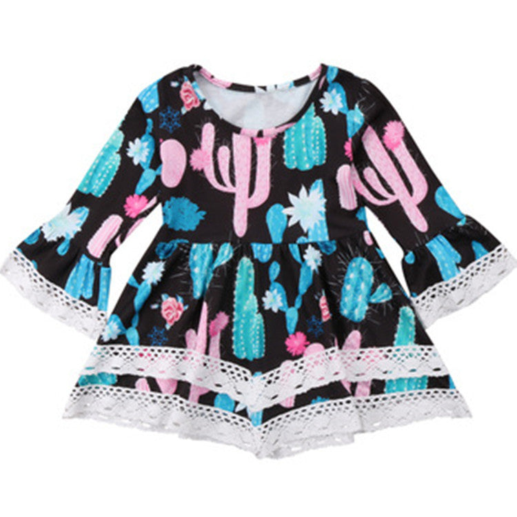 Damen Sommerliches Kleid mit kreativem Kaktus-Design und Spitzenakzenten Drune