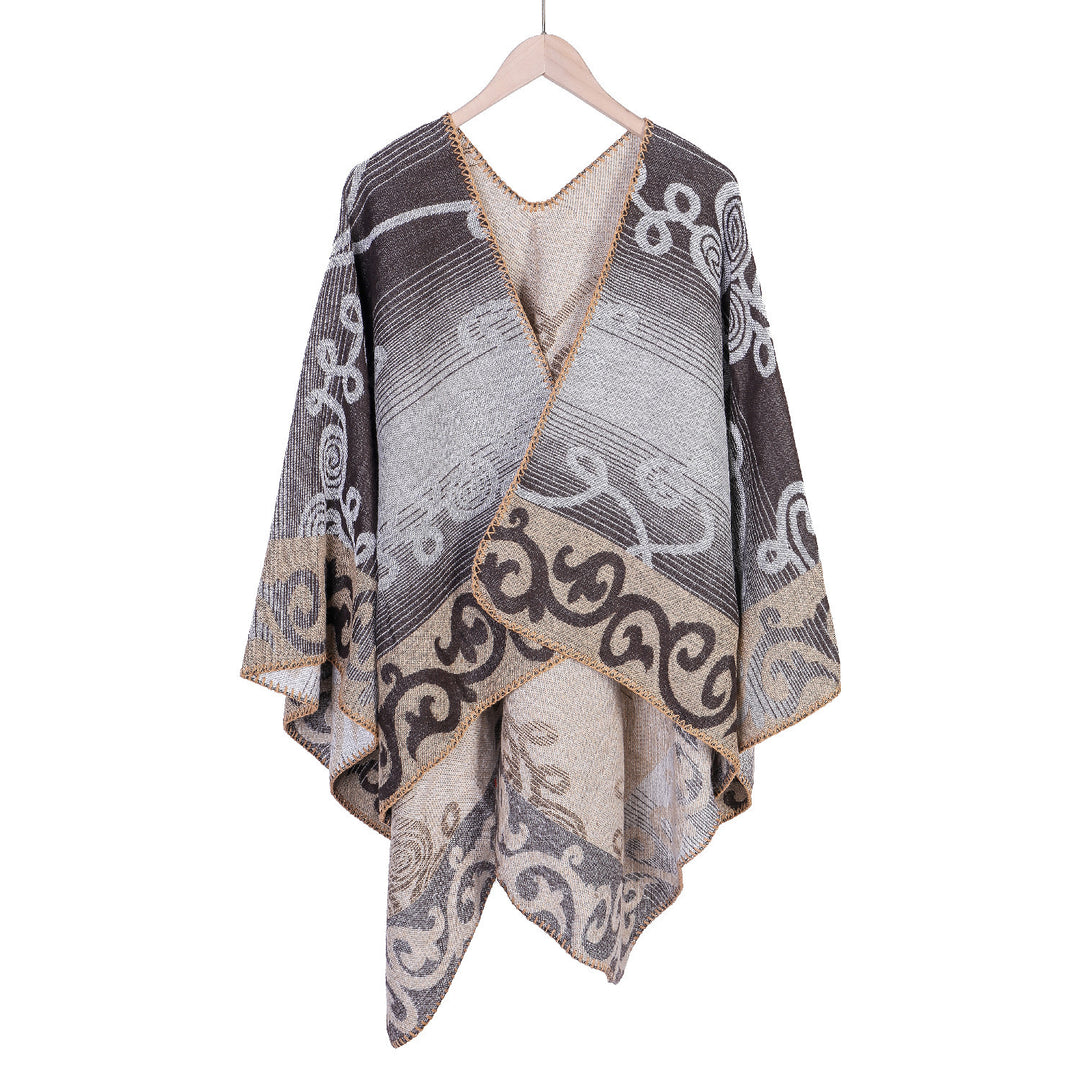 Damen Jacquard‑Ruana‑Poncho aus Wollmix mit asymmetrischem Zipfelsaum Drune
