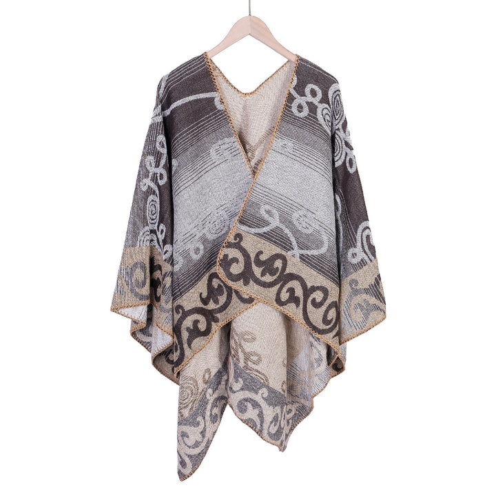 Damen Jacquard‑Ruana‑Poncho aus Wollmix mit asymmetrischem Zipfelsaum Drune