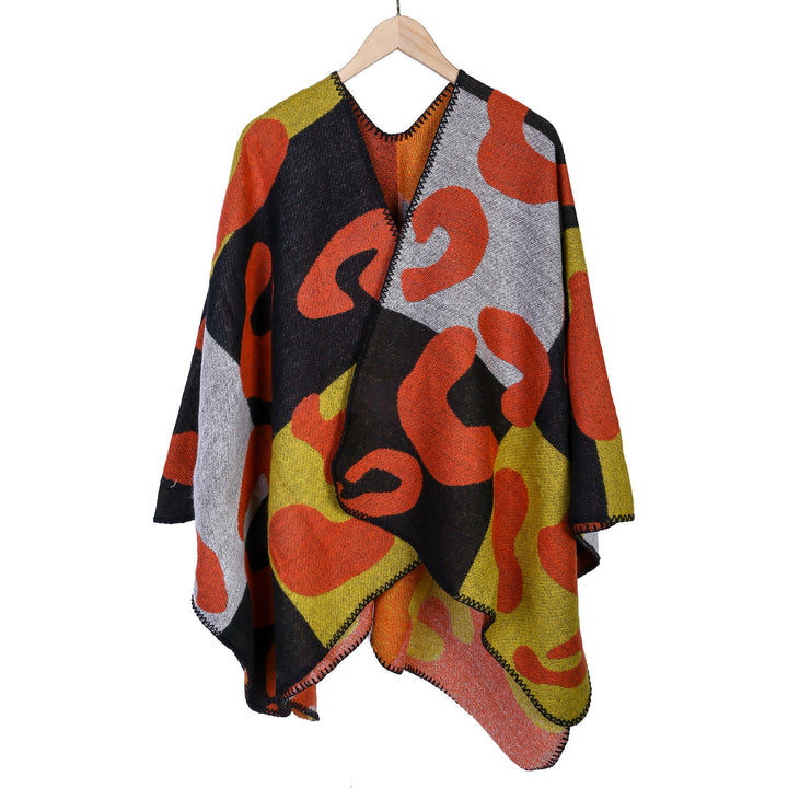 Damen Oversize-Ruana mit abstraktem Grafikjacquard und dekorativer Kettelnaht Drune