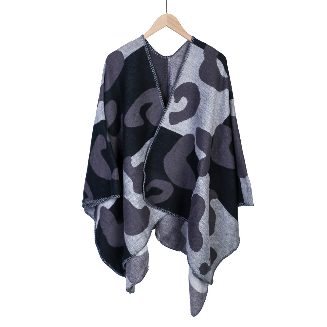 Damen Oversize-Ruana mit abstraktem Grafikjacquard und dekorativer Kettelnaht Drune