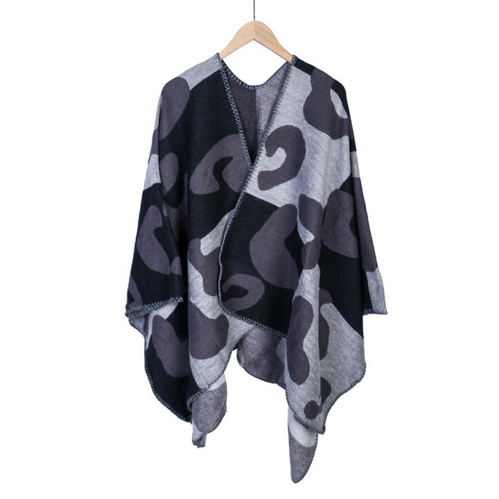 Damen Oversize-Ruana mit abstraktem Grafikjacquard und dekorativer Kettelnaht Drune