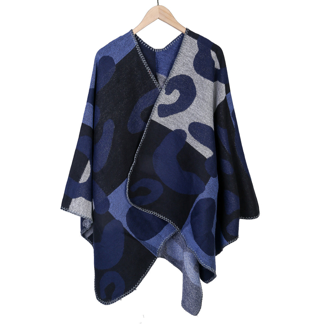 Damen Oversize-Ruana mit abstraktem Grafikjacquard und dekorativer Kettelnaht Drune