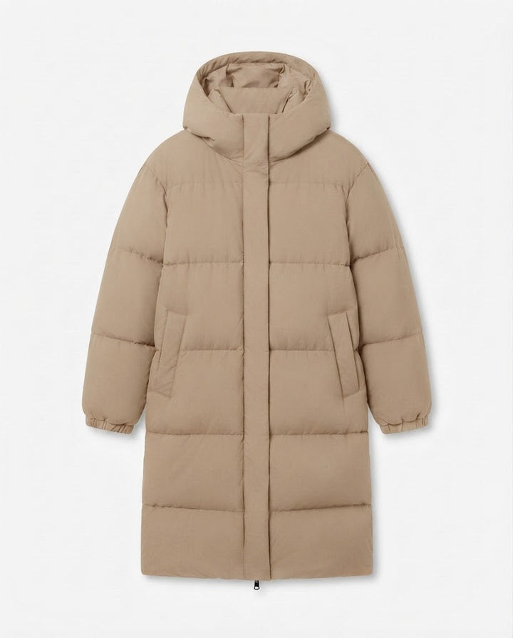 Damen Nan Ultra-Watt-beschichtete Longline-Pufferjacke mit ergonomischer Kapuze, verdecktem Druckknopfverschluss und thermoregulierender Isolierung
