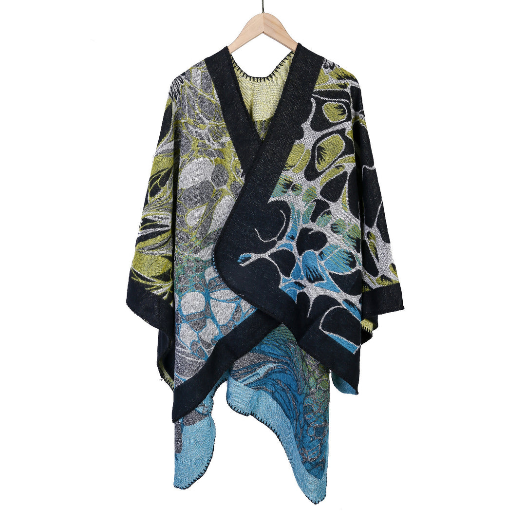 Damen Jacquard-Ruana-Poncho mit kontrastiertem Schalkragen und asymmetrischem Zipfelrand Drune