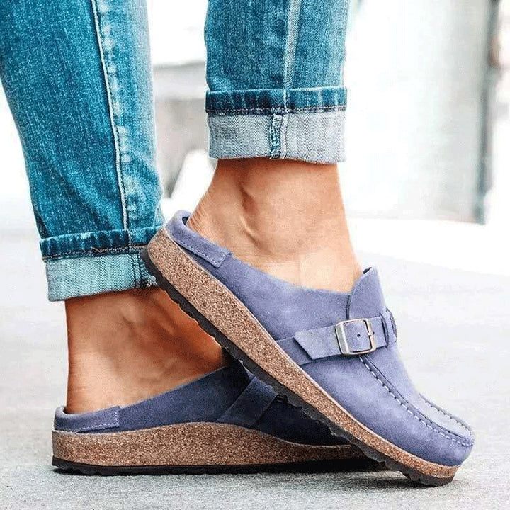 Damen Mokassin-Loafer aus Veloursleder mit Kork-Laufsohle und Zierschnalle Drune