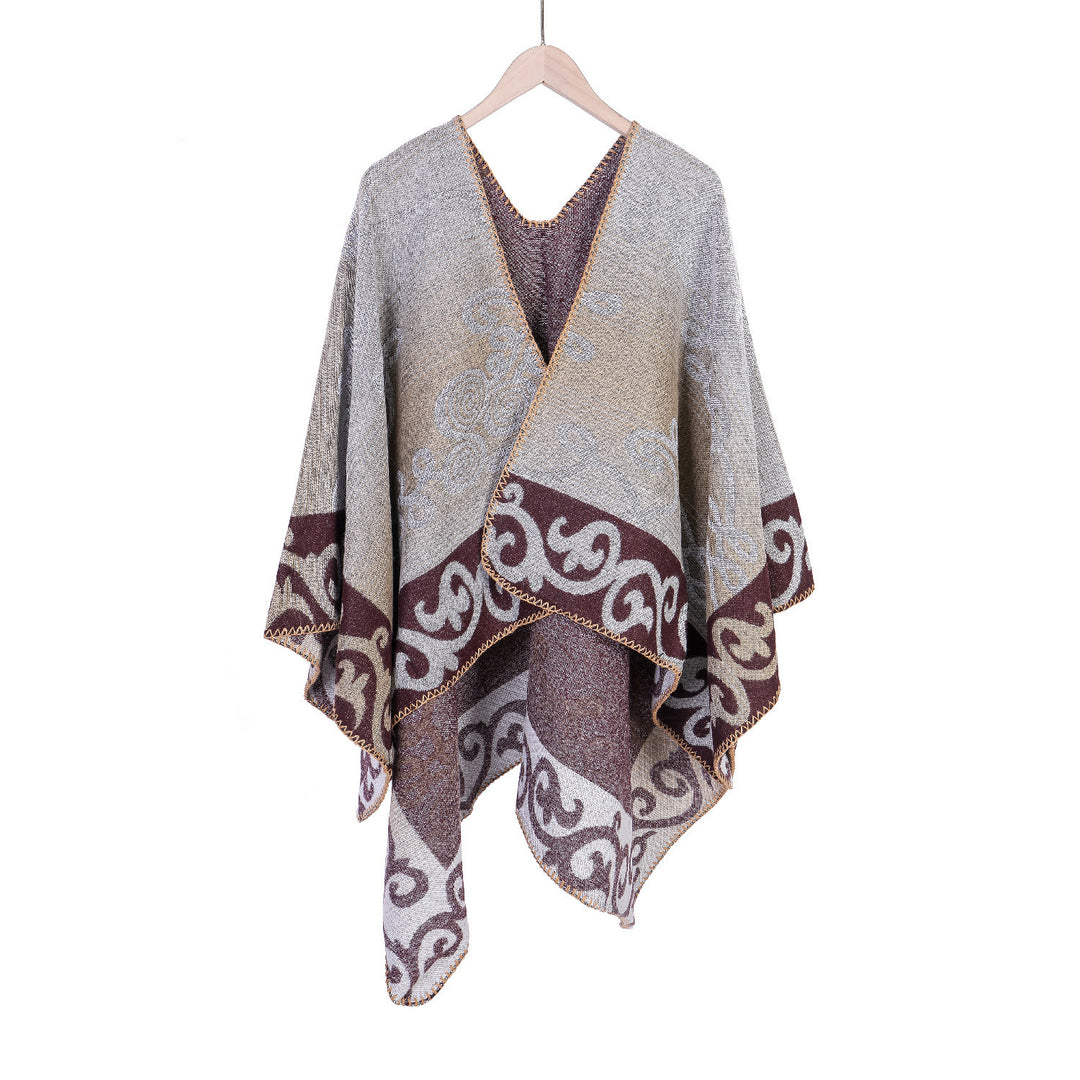 Damen Jacquard‑Ruana‑Poncho aus Wollmix mit asymmetrischem Zipfelsaum Drune
